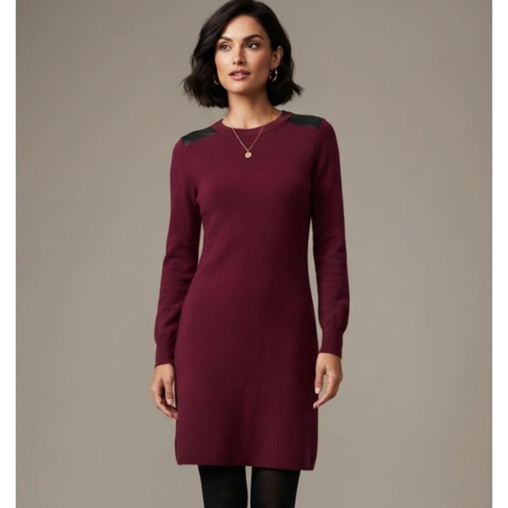 Barrow & Grove Womens 100% Cashmere Leather Patch Sweater Dress Burgundy M